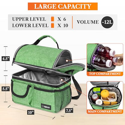 opux Insulated Lunch Bag Women Men, Dual Compartment Leakproof Lunch Box Adults Kids, Double Decker Meal Prep Bento Lunch Cooler Tote with Shoulder Strap for Work Office School Travel, Green - color: Heather Green