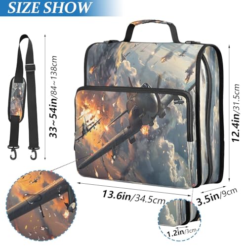 Fighter Jets in Action Zipper Binder 3 Ring with Handle and Shoulder Strap, 500 Sheet Binder Organizer Capacity & Multi-Pockets for School Office - color: Aa03
