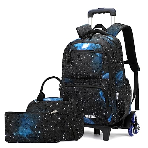 VIDOSCLA Galaxy Kids Rolling Backpack for Boys Primary Students Wheeled Bookbags for School - color: Black-galaxcy Rolling Backpack Set