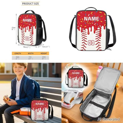 Personalized Baseball Drip School Backpack Kids Bookbag for Boys Girls,Custom Text Name Number 4 Piece Red Ice Cream Baseball Backpacks with Lunch Box, Pencil Case & Water Bottle Sleeve - color: Y-custom