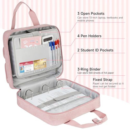 Zipper Binder 3 Ring with Ita Window,500 Sheets Capacity, Binder 2 Inch with Shoulder Strap Fits 13 Inch Laptop for School and Office,Pink - color: Pink（model B）