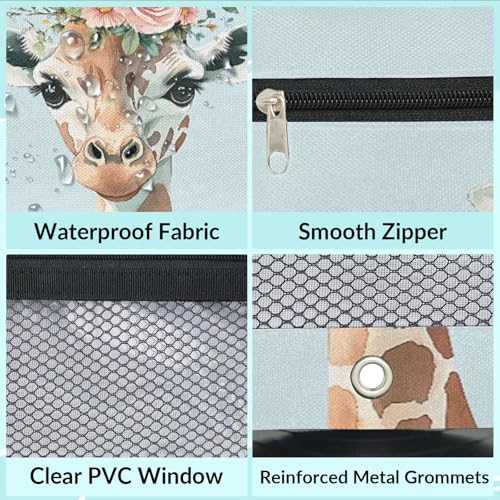 Cute Giraffe Pencil Pouch for 3 Ring Binder wreath Floral Pencil Case Bag with Clear Window Zipper Pockets for Kids Girls Boys Students School College Supplies 2 Pack - color: Blue Brown