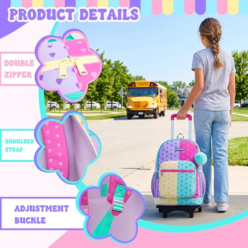 Girls Rolling Backpack with Wheels,Kids Backpack with Wheels Girls Large Capacity School Trolley Bookbag for Elementary Travel & Daily Use - color: Purple Pink Love