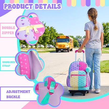Girls Rolling Backpack with Wheels,Kids Backpack with Wheels Girls Large Capacity School Trolley Bookbag for Elementary Travel & Daily Use - color: Purple Pink Love