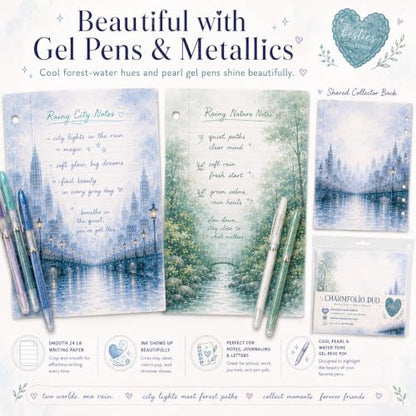 Charmfolio Duo Rainy City & Rainy Nature Binder Paper, 80 College Ruled Sheets, 8.5 x 11 3 Hole Punched Loose Leaf Stationery, Back to School Basics, Backpack Essentials for Besties