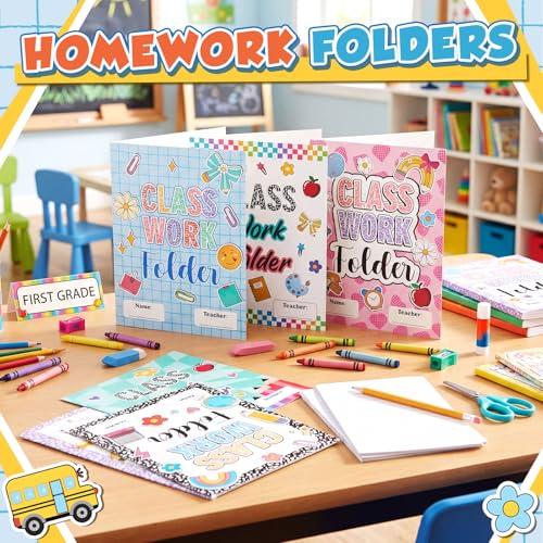 Yeaqee 32 Pcs Classwork Folders Homework Folders for Students Classwork Pocket Folder Portfolio Folder Homework Organizer for Classroom School Teachers Gifts Educational Supplies (School Doodles) - style: School Doodles