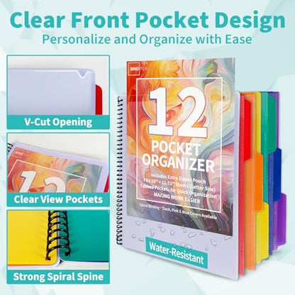 Binditek 12-Pocket Poly Project Organizer, 6 Dividers, Blue | Multi Pocket Folder, Heavyweight Poly Cover, Clear Front Pocket, 1/3-Cut Tabs, Fixed Zipper Pouch, Letter Size - color: Blue