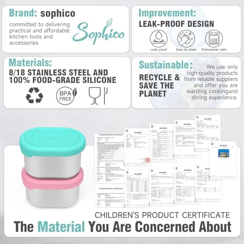 SOPHICO Stainless Steel Snack Containers for Kids, 3 oz Small Food Storage Container with Silicone Lid - Perfect 304 Metal Toddler Lunch Box for Daycare and School, Leak Proof (3oz, 6 PACK) - color: 3oz, 6 Pack