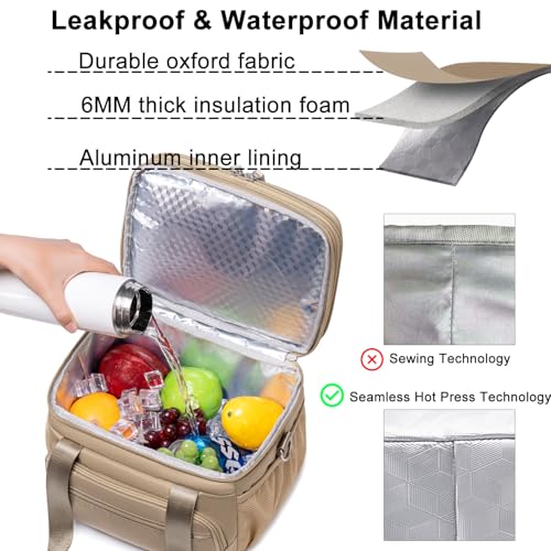 Weitars Insulated Lunch Box for Women Men-Dual Compartment Waterproof Reusable Large Lunch Bag Wide-Open Tote Cooler Bag For Working Picnic Hiking (15L) (Kahki) - color: Kahki