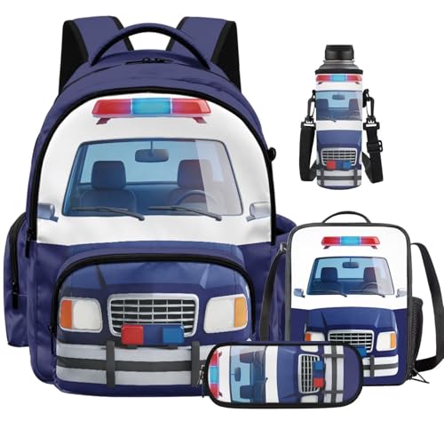 Classic Police Car Backpack for Kids Boys Backpack for School 4PCS Backpacks for Boys with Lunch Box Pencil Case Water Bottle Holder Kids Backpacks Bookbag for Teen Elementary Middle Primary - color: Classic Police Car