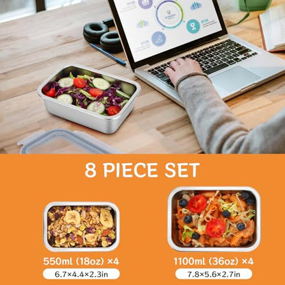 Cykorxicc 8-Piece 304 Stainless Steel Lunch Bento Box with Lids, Leakproof & Airtight Food Containers, Oven/Freezer/Dishwasher Safe,for Work,Travel, School
