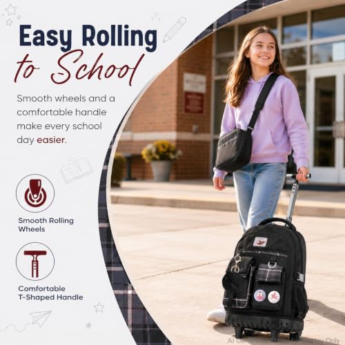 AGSDON Rolling Backpack for Girls, 21" Women Roller Wheels Bookbag, Laptop Wheeled Suitcase School Backpacks with Lunch Bag for Teens - color: Square Black