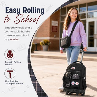 AGSDON Rolling Backpack for Girls, 21" Women Roller Wheels Bookbag, Laptop Wheeled Suitcase School Backpacks with Lunch Bag for Teens - color: Square Black