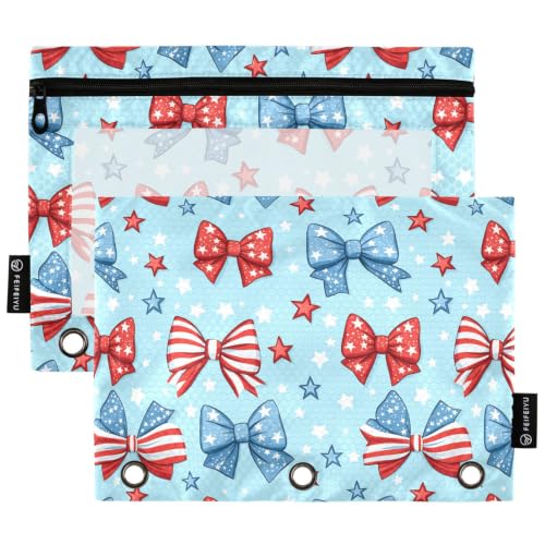 Gredecor 3 Ring Binder Pencil Pouch, 4th of July Bows Star Zippered Pen Case Pouches with Clear Window, 2 Pack Stylish Office & School Supplie - color: 4th of July Bows Star