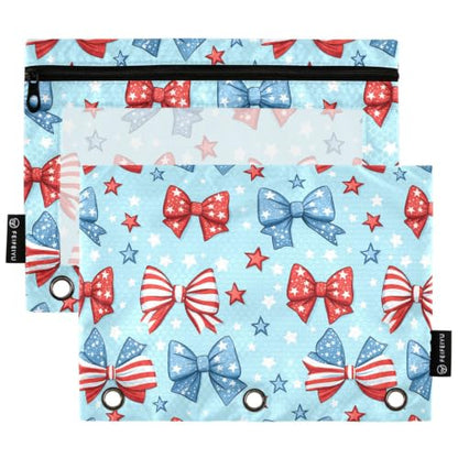 Gredecor 3 Ring Binder Pencil Pouch, 4th of July Bows Star Zippered Pen Case Pouches with Clear Window, 2 Pack Stylish Office & School Supplie - color: 4th of July Bows Star
