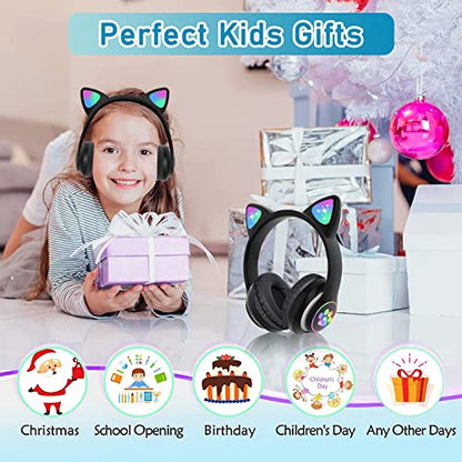 Bluetooth Noise Cancelling Headphones for Kids,Foldable Cat Headphone with LED Light Up Ear,Cat Ear Headphones for Toddler with Microphone/TF Card,Kids Bluetooth Earphones for ipad | Foldable Cat Headphone, LED Light Up Ear, Cat Ear Headphones for Toddler