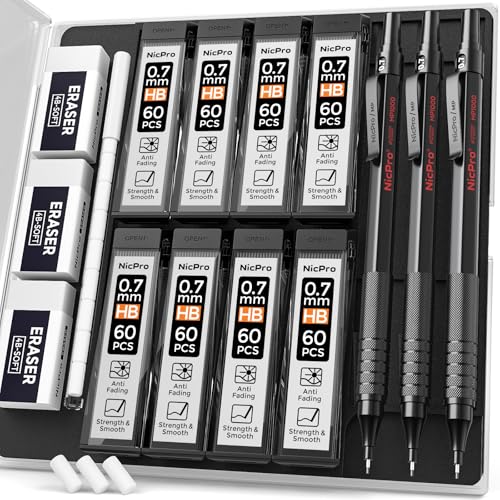 Nicpro Mechanical Pencils 0.7mm in Case, 3 Pack Metal Mechanical Pencils Set with 8 Tube HB Lead Refills, 3 Erasers, 9 Eraser Refills, Art Sketching Pencil for Writing Drawing Drafting Engineering - color: Black, style: 0.7 MM