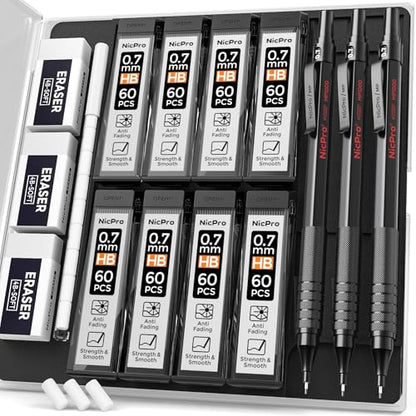 Nicpro Mechanical Pencils 0.7mm in Case, 3 Pack Metal Pencils Set, Black | 480PCS HB Lead Refills, 3 Erasers, 9 Eraser Refills, Anti-slip Grip, Art Sketching Pencil for Writing Drawing Drafting - color: Black, style: 0.7 MM