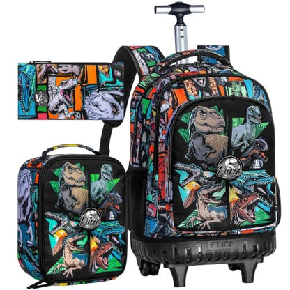 CCJPX 3PCS Rolling Backpack for Boys, 21 Inch Water Resistant Dinosaur Backpacks with Roller Wheels, Wheeled Bookbag for Teens Elementary School Travel-Brown - color: Rolling Dinosaur Black