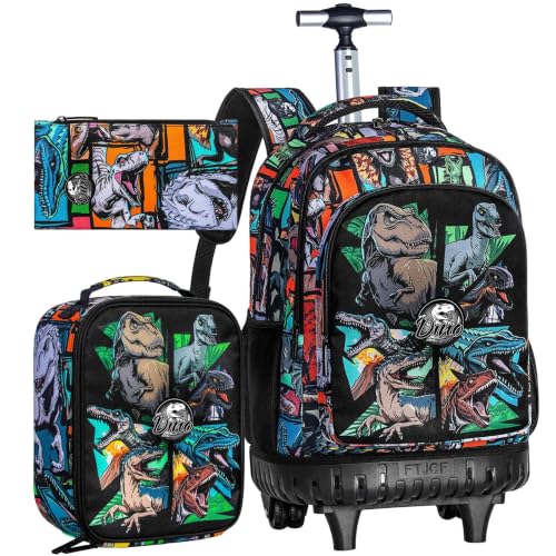 CCJPX 3PCS Rolling Backpack for Boys, 21 Inch Water Resistant Dinosaur Backpacks with Roller Wheels, Wheeled Bookbag for Teens Elementary School Travel-Brown - color: Rolling Dinosaur Black