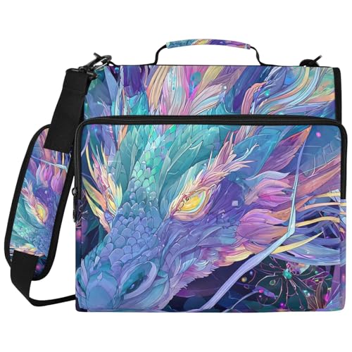 Dragon Head Zipper Binder Bag 3 Ring Binder with Shoulder Strap Zip Multi Pockets Portfolio Bags Capacity Up 500 Sheets for School Office Supplies - color: Glowing Pastel Dragon Head Nebula Artwork
