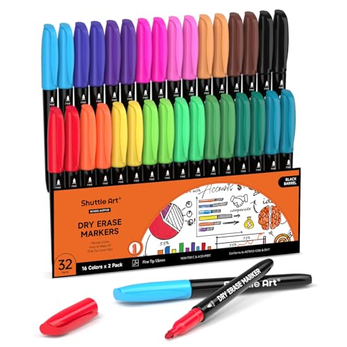 Shuttle Art Dry Erase Markers, 32 Pack 16 Colors Whiteboard Markers,Fine Tip Dry Erase Markers for Kids,Perfect For Writing on Whiteboards,Dry-Erase Boards,Mirrors,Calender,School Office Supplies - color: 16 Colors 32 Pack