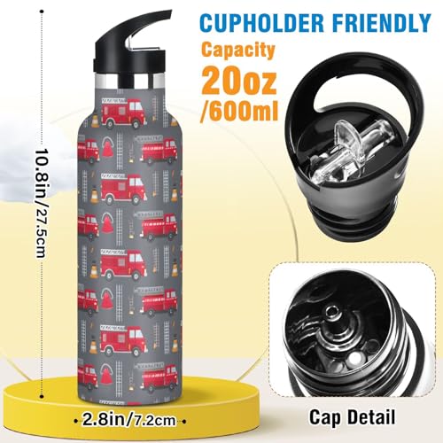 Sport Water Bottle 20 oz Red Fire Truck Kids Stainless Steel Vacuum Insulated Water Flask for Gym School - color: Red Fire Truck