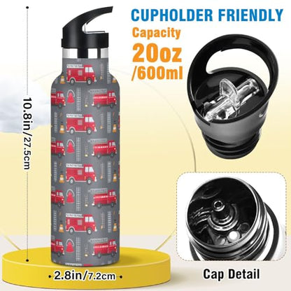 Sport Water Bottle 20 oz Red Fire Truck Kids Stainless Steel Vacuum Insulated Water Flask for Gym School - color: Red Fire Truck