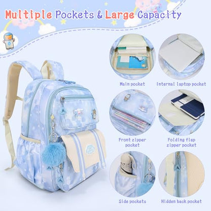 Girls Backpack,Cute Print School Kids Backpack with Insulated Lunch Box Pen Case Set,Kindergarten Elementary School Book Bag for Girls Children Students(3 pieces set -Blue) - color: 3 Pieces Set -Blue