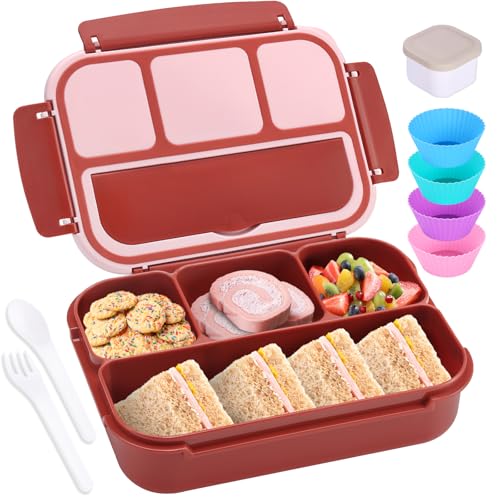 shell and turtle Bento Box Adult Lunch Box, Lunch Containers for Kids Girls Boys with 4 Compartments, Lunchable Food Container with Utensils, Sauce Jar, Muffin Liners, 40 Oz/5 Cup, Retro Red - color: Retro Red