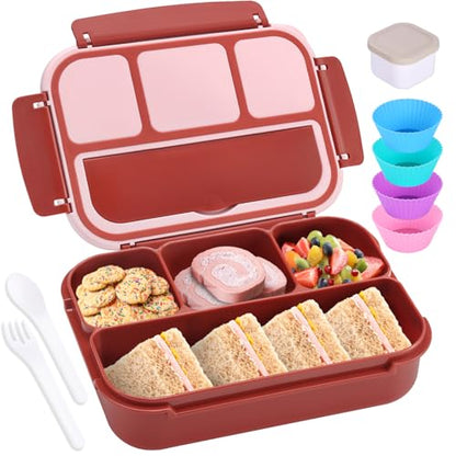 shell and turtle Bento Box Adult Lunch Box, Lunch Containers for Kids Girls Boys with 4 Compartments, Lunchable Food Container with Utensils, Sauce Jar, Muffin Liners, 40 Oz/5 Cup, Retro Red - color: Retro Red