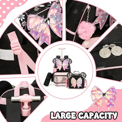 Meetbelify Backpack with Wheels for Girls Rolling Backpack Cute Carry on Backpack Kids Luggage with Lunch Box Pencil Case for Elementary Student - color: Bowknot Pink