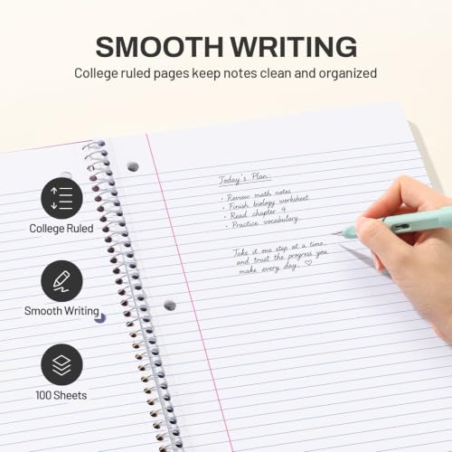 SUNEE Spiral Notebook, 1-Subject, College Ruled Paper, 8" x 10-1/2", 100 Sheets per Notebook, 3-Hole Punched Paper, Water Resistant Cover, Double-sided Pockets, Spiral Lined Notebooks for Work, Black - color: Black