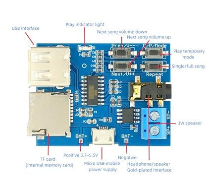 5Pcs MP3 Decoder Player Module | Small Amplifier, TF Card U Disk Play, Micro USB 5V Power Supply, Audio Amplifier