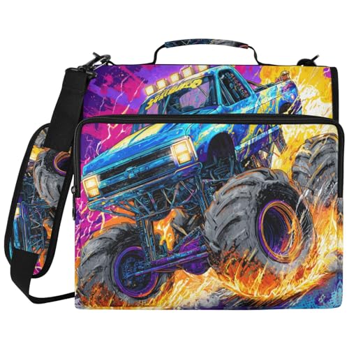 Monster Truck 3 Ring Zipper Binder Bag with Laptop Pockets and Shoulder Strap Tote Binders Organizer Case for School Office - color: Monster Truck