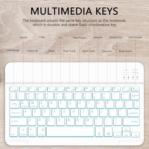 for Bluetooth Keyboard, Cute Tablet Stand Adjustable & Foldable, 7-Color Wireless Rechargeable Keyboard for iPad, iPad Pro/Mini/Air, Samsung Xiaomi Tablets, etc - White - color: B-Backlight Keyboard-White