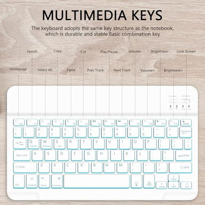 for Bluetooth Keyboard, Cute Tablet Stand Adjustable & Foldable, 7-Color Wireless Rechargeable Keyboard for iPad, iPad Pro/Mini/Air, Samsung Xiaomi Tablets, etc - White - color: B-Backlight Keyboard-White