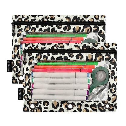 Fisyme Leopard Pencil Pouch for 3 Ring Binder Pencil Bag Pencil Case Zipper Pouch with Clear Window for Office Supplies2 Pack - color: Multi-2