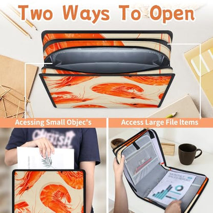 Shrimp Ocean Food Zipper Binder, 3 D-Ring Expanding File Folder with Handle & Adjustable Shoulder Strap, 400 Sheets Capacity Multi-Pocket Organizer for 13 Inch Laptop - color: Shrimp Ocean Food