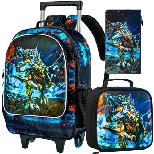 CCJPX 3PCS Dinosaur Rolling Backpack for Boys,Kids Backpacks with Roller Wheels, Wheeled Bookbag with Lunch Box for Toddler Elementary School-Black - color: Black Dinosaur