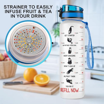 Funny Cat Hydration Water Bottle 32oz with Time Marker, Cute Cat Mom Gift for Women, Reusable Daily Motivation Drinking Bottle with Handle & Lid - color: Cat