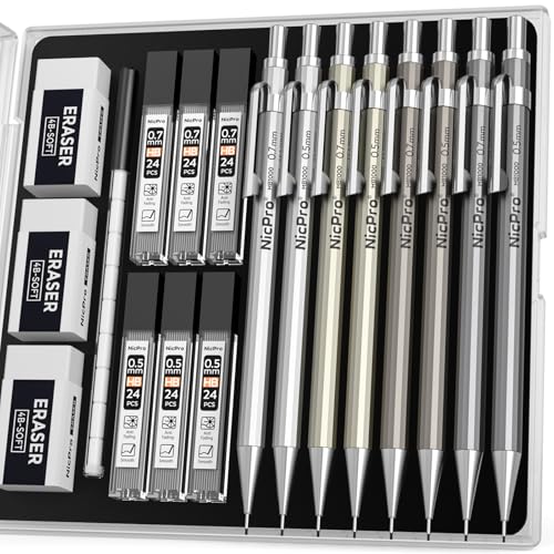 Nicpro 8 Pack 0.5mm & 0.7mm Metal Mechanical Pencil Set, MB1000 Lead Drafting Pencil for Artist Writing, Sketching, Drawing with 6 Tubes HB Lead Refills, 3PCS 4B Eraser, 9PCS Cap Eraser - With Case - style: 8 Pack （0.5mm & 0.7mm）