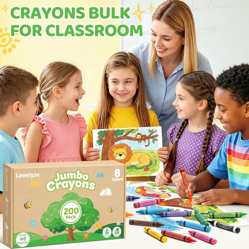 200 Count Jumbo Crayons Bulk Set, 8 Colors Washable Silky Crayons, Non-Toxic School Supplies & Art Supplies for Preschool Kindergarten Classrooms, Easter Basket Stuffers Party Favors Gifts for Kids 3+