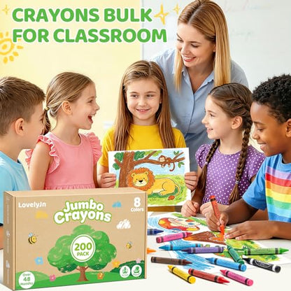 200 Count Jumbo Crayons Bulk Set, 8 Colors Washable Silky Crayons, Non-Toxic School Supplies & Art Supplies for Preschool Kindergarten Classrooms, Easter Basket Stuffers Party Favors Gifts for Kids 3+