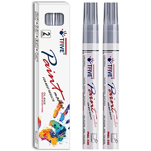 TFIVE Silver Permanent Markers Paint Pens, 2 Pack Oil Based Paint Markers | Metallic, Waterproof, Quick Dry, Never Fade, Medium Tip Marker Pens for Rock, Wood, Metal, Plastic, Canvas, Glass, Rubber - color: Silver