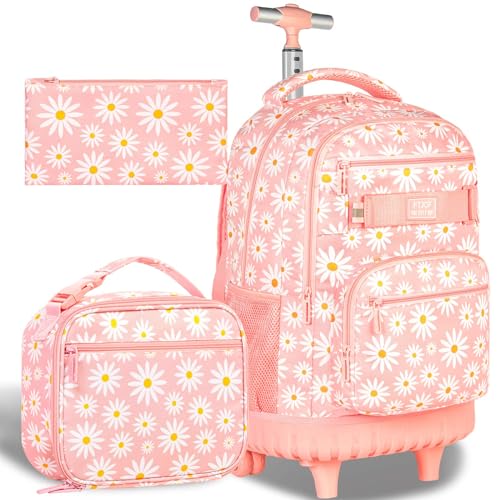 AGSDON Rolling Backpack for Girls, Women Roller Wheels Bookbag, Laptop Daisy Wheeled School Bag with Wheels for Teens - color: Daisy Pink 01