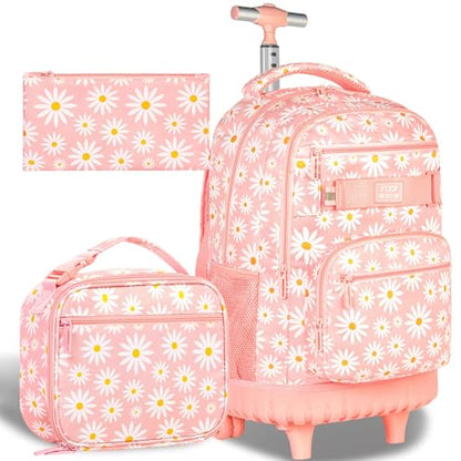AGSDON Rolling Backpack for Girls, Women Roller Wheels Bookbag, Laptop Daisy Wheeled School Bag with Wheels for Teens - color: Daisy Pink 01