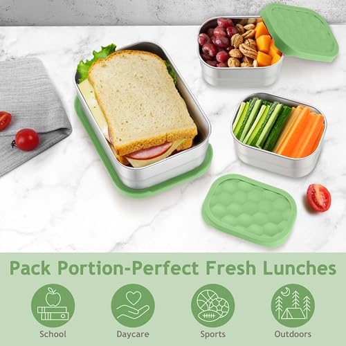 Homikit 3 Pack Kids Lunch Box Set, 18/10 Stainless Steel Bento Boxes with Silicone Lids Leak Proof, 5 Cups Reusable Metal Food Snack Containers for School Daycare, Nontoxic & Dishwasher Safe, Green - color: Green, size: Medium