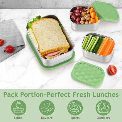 Homikit 3 Pack Kids Lunch Box Set, 18/10 Stainless Steel Bento Boxes with Silicone Lids Leak Proof, 5 Cups Reusable Metal Food Snack Containers for School Daycare, Nontoxic & Dishwasher Safe, Green - color: Green, size: Medium