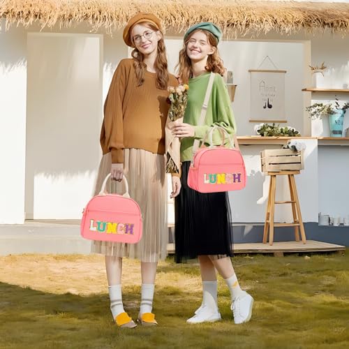 Lunch Bag for Girls and Women, Cute Preppy Lunch Bag with Chenille Letters, Insulated Large Capacity Lunch Tote with Detachable Strap for School, Work & Picnic, Pink - color: Pink